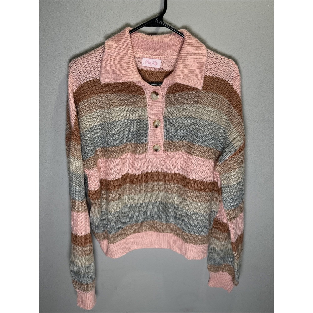 Pink Lily Women's Size Medium Knit Sweater Long Sleeve Striped Buttons Colorful
